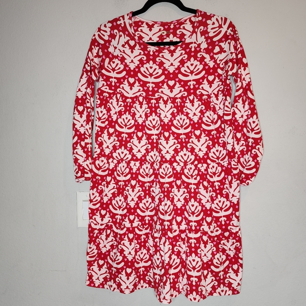 Garnet Hill‎ Red Pink Damask Heart Long Sleeve Tiered Cotton Dress Size 14